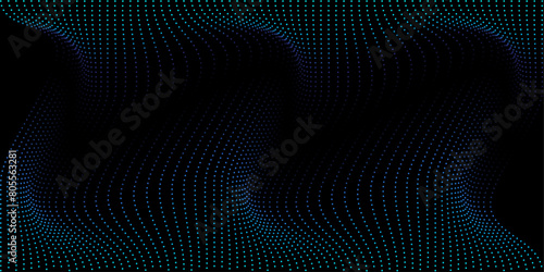 Abstract background in the metaverse concept with blue and green light wavy dots pattern. Vector illustration of AI, neural network, virtual reality or blockchain technology.