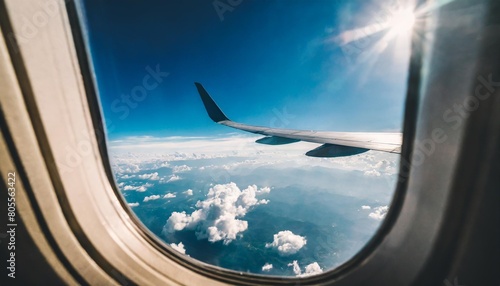 realistic photo view looking through an airplane window airplane wing and clouds seen through plane windows generate ai