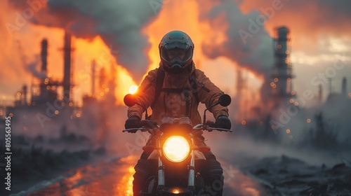 person n a helmet on the motorcycle driving on the road with factory buildings and smoke in the background. 