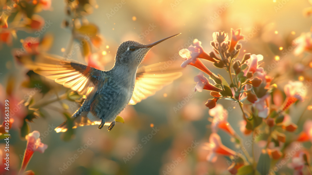 Fototapeta premium flying hummingbird surrounded by flowers in nature