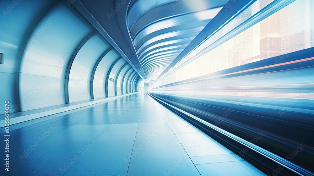 Blurred motion view of a futuristic tunnel with smooth curves and blue lighting, conveying a sense of high speed and urban technology.