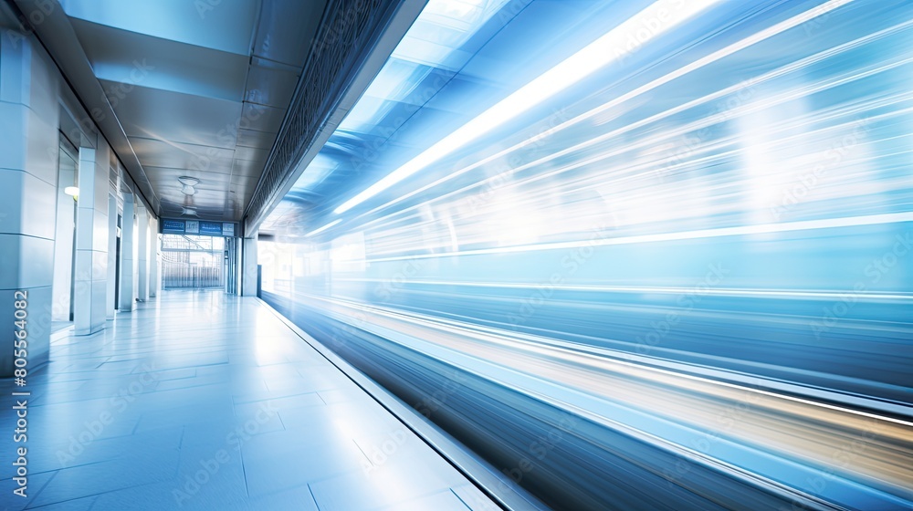 Blurred motion view of a futuristic tunnel with smooth curves and blue lighting, conveying a sense of high speed and urban technology.