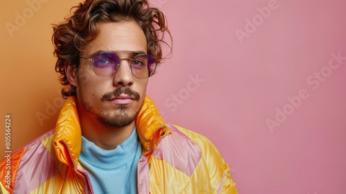 Man Wearing Yellow Jacket and Purple Glasses