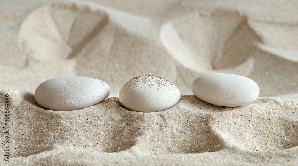 Beautiful white sand and three white round stones background Beautiful white sand and three white round stones background