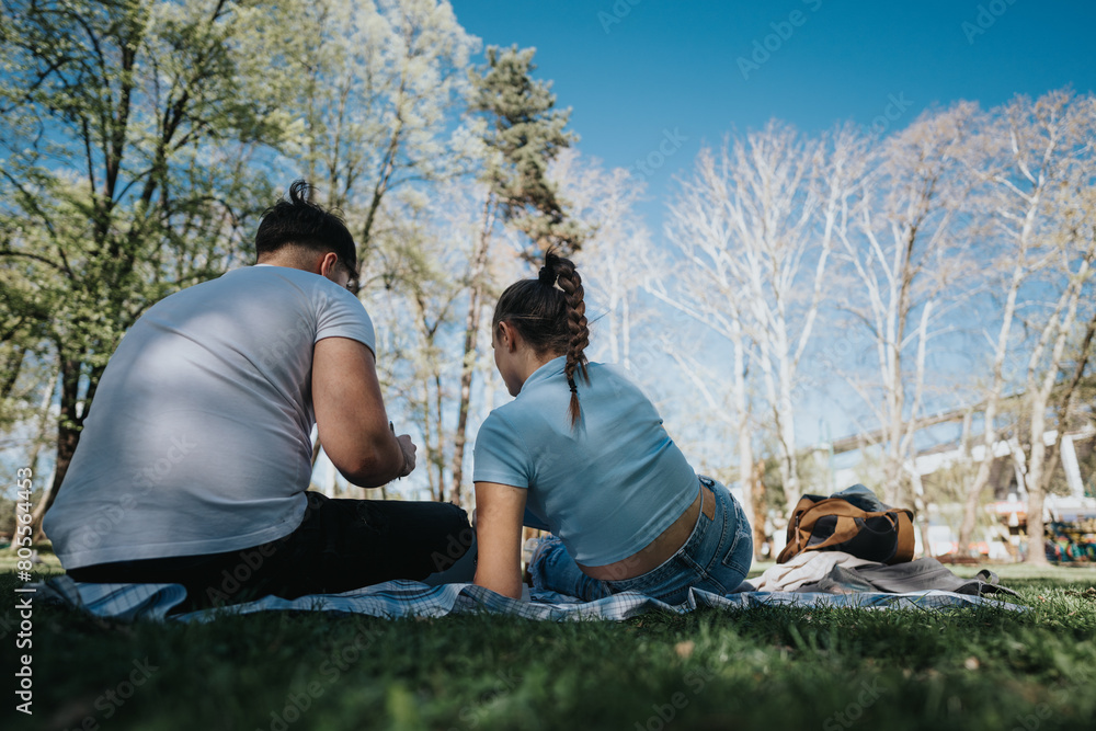 Two students sit on a blanket in a sunny park, engrossed in conversation with books and a backpack nearby.