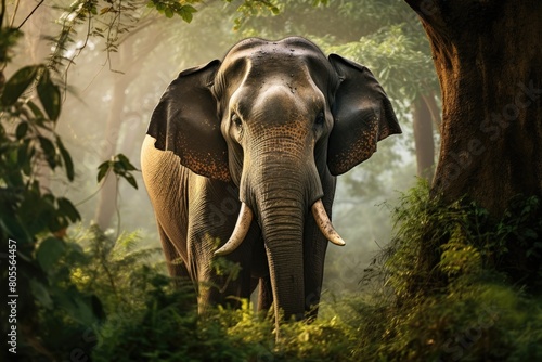 An elephant emerging from dense green foliage in a lush forest.
