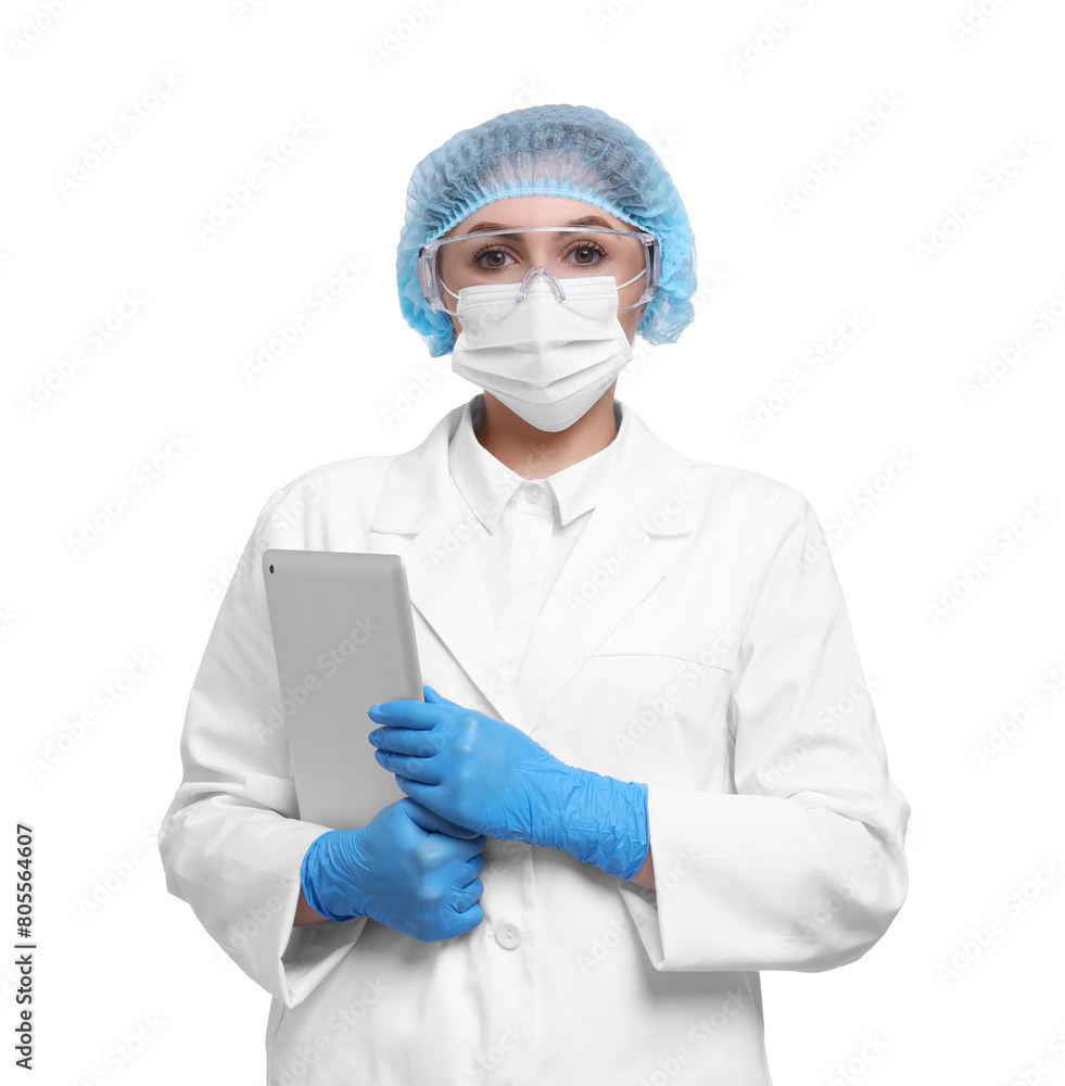 Quality control. Food inspector with tablet on white background Quality control. Food inspector with tablet on white background