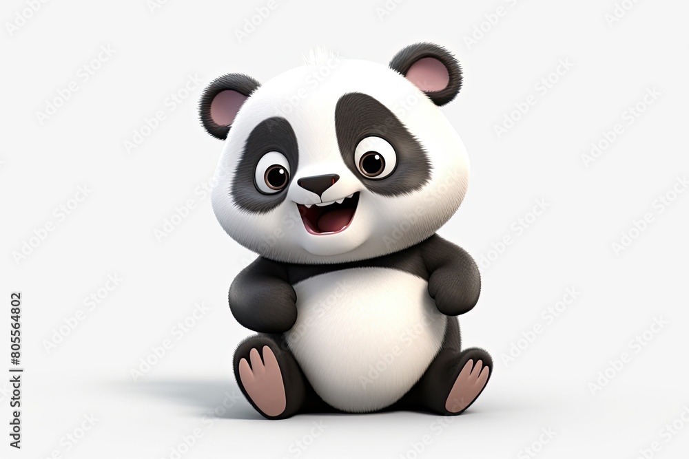 Fototapeta premium 3D cartoon illustration of a cheerful baby panda sitting on the ground with wide eyes and a big smile.