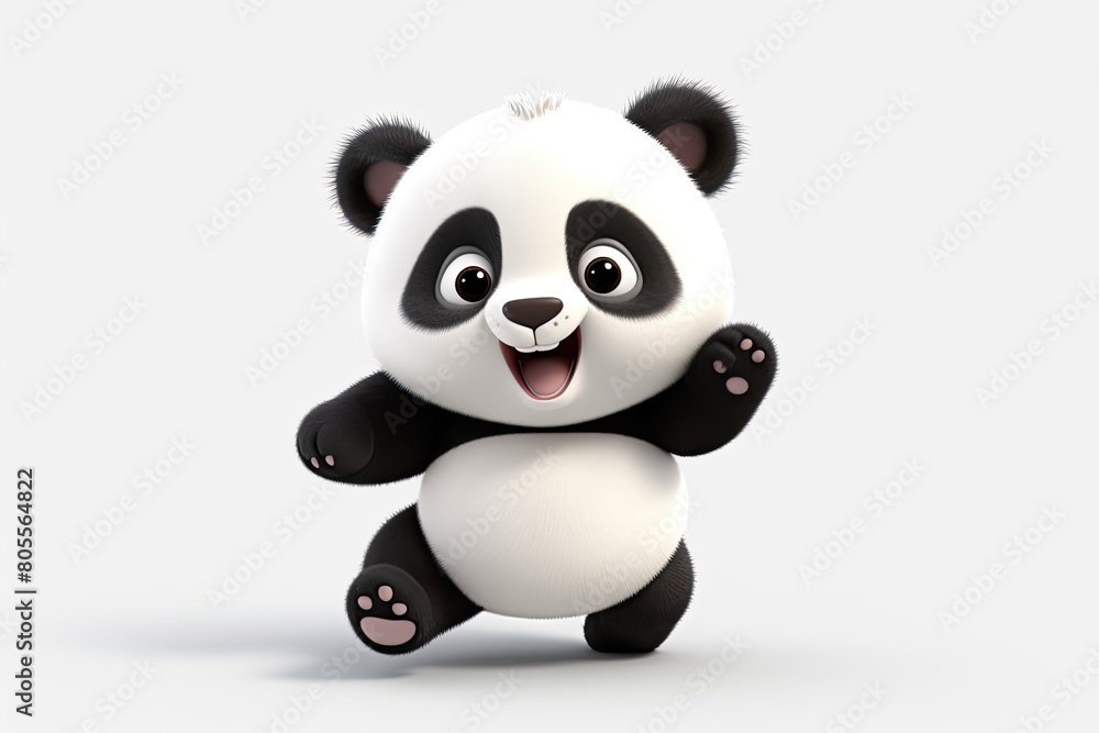 Fototapeta premium 3D cartoon illustration of a cheerful baby panda sitting on the ground with wide eyes and a big smile.