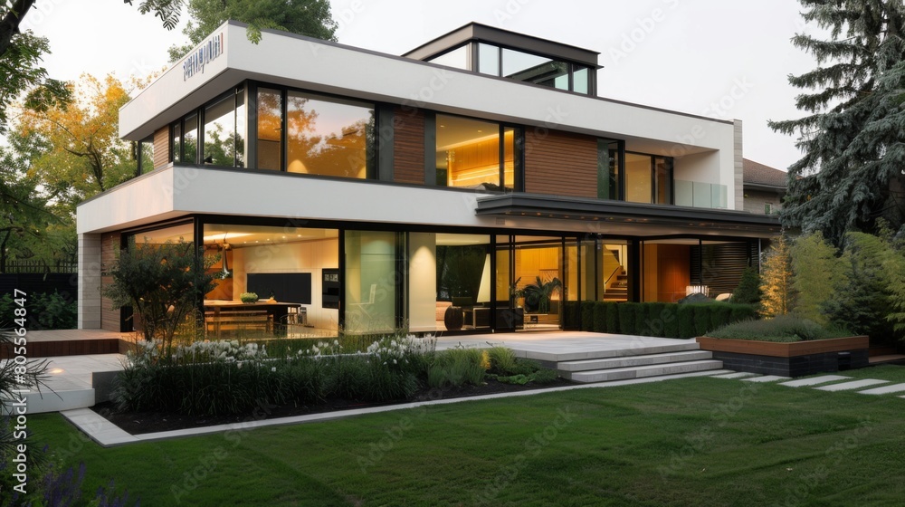 An exterior shot of a contemporary minimalist home with clean architectural lines, large windows, and a landscaped garden.