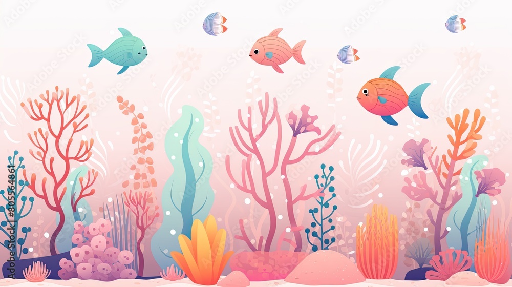 Colorful illustrated underwater scene with various playful fish, starfish, and aquatic plants on a white background.