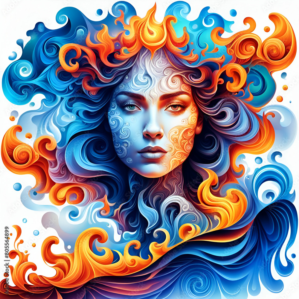 Portrait of a woman made of water and flames