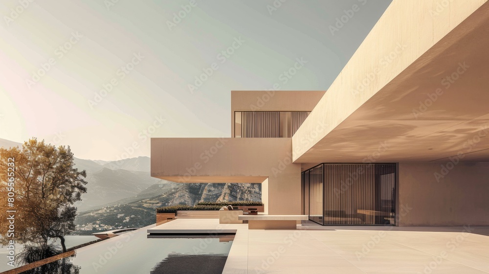 Fototapeta premium An exterior shot of a minimalist style home with a flat roof, geometric shapes, and neutral color palette, blending seamlessly into its surroundings.