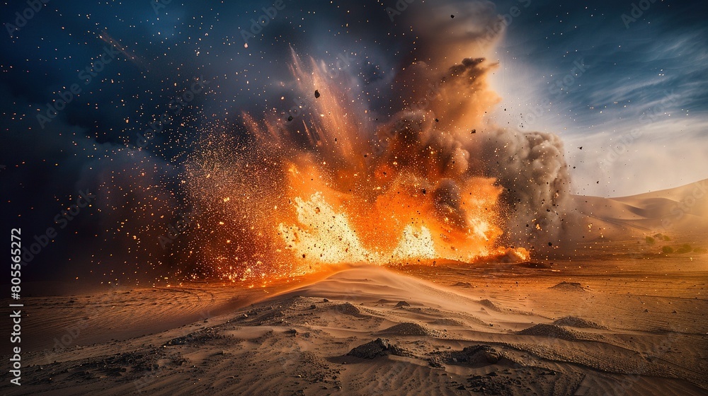 Fototapeta premium Detonation in desert sand with lots of smoke, fire and sparks at night Detonation in desert sand with lots of smoke, fire and sparks at night