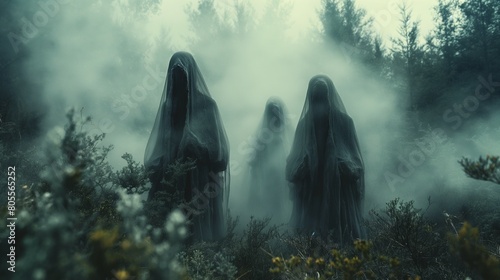 ghost, spirit figures walking on the fog. 