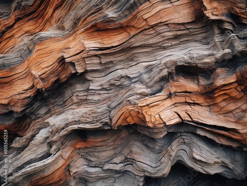 Close-up of a layered rock formation showing intricate natural patterns and varying shades of orange and gray.