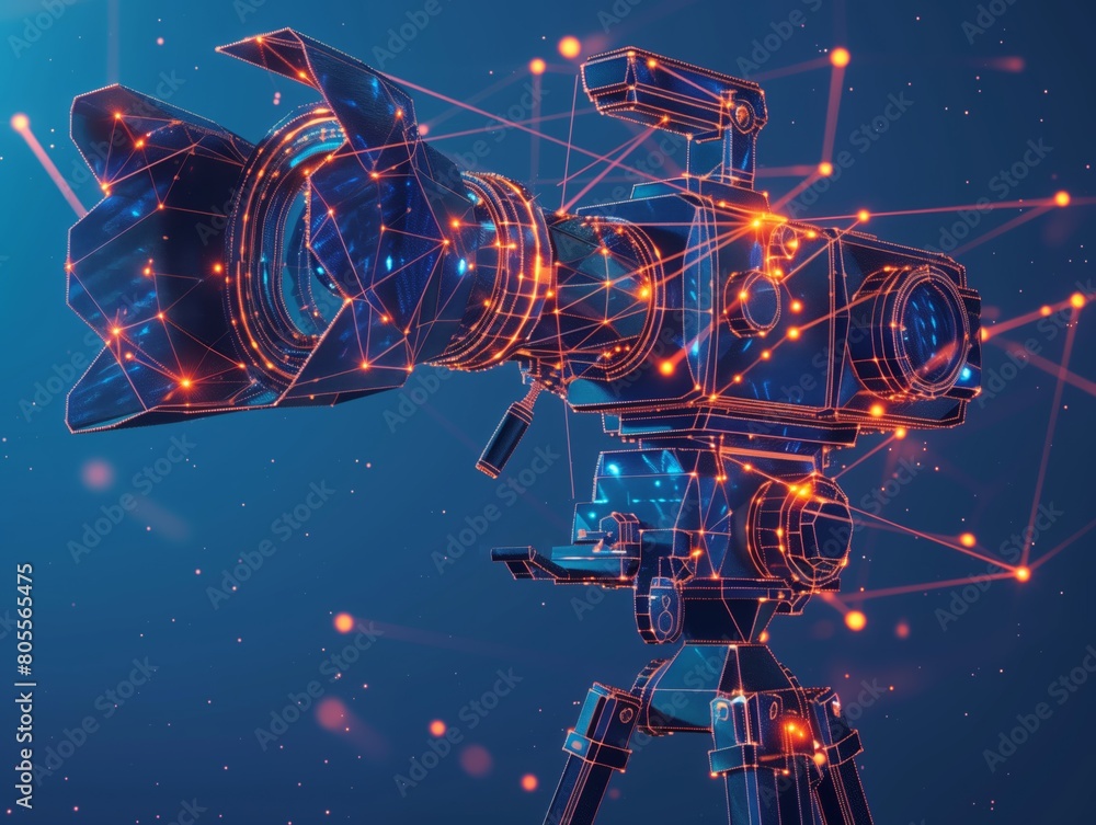 Neural lowpoly AI futuristic neon network of movie camera