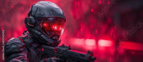 futuristic soldier in a helmet with red light background. 