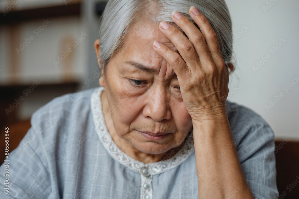 A gray-haired Asian woman pensioner hold his head in sadness, she sits at a table against the backdrop of a blurry, light hall A gray-haired Asian woman pensioner hold his head in sadness, she sits at a table against the backdrop of a blurry, light hall