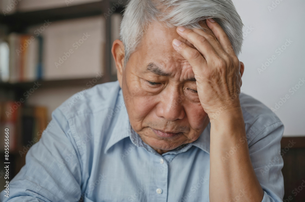 Portrait of gray-haired Asian woman suffering from headache migraine pain. Health problems, stress and depression Portrait of gray-haired Asian woman suffering from headache migraine pain. Health problems, stress and depression