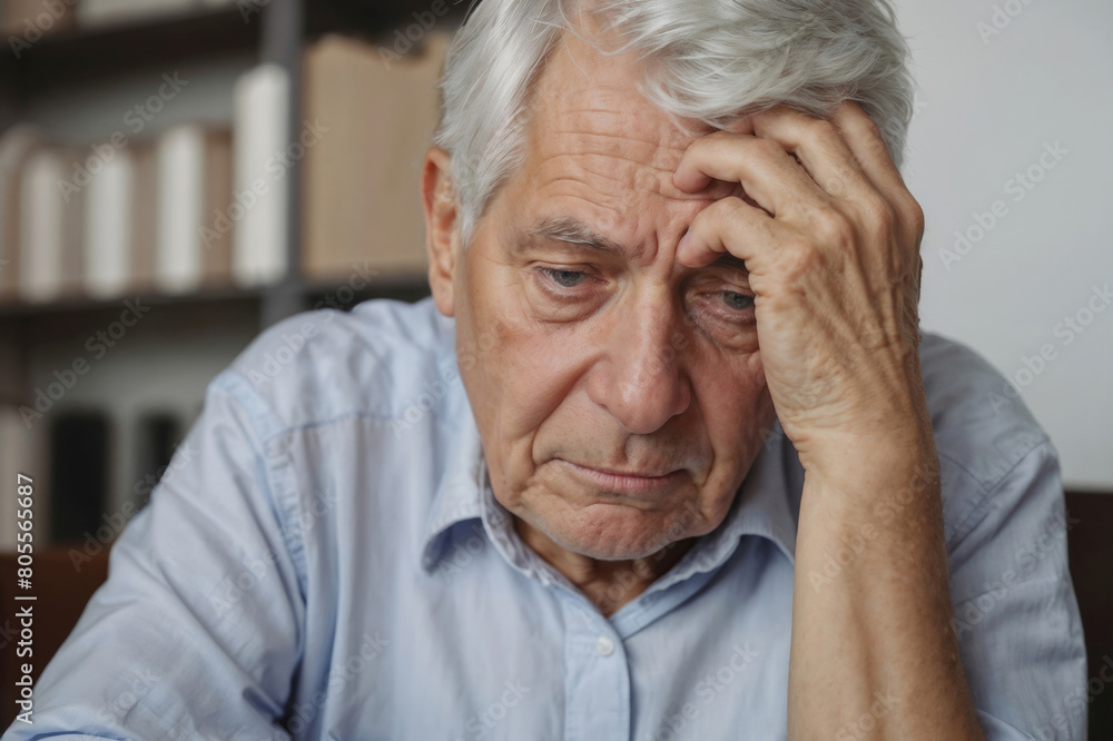 Portrait of gray-haired European man suffering from headache migraine pain. Health problems, stress and depression Portrait of gray-haired European man suffering from headache migraine pain. Health problems, stress and depression