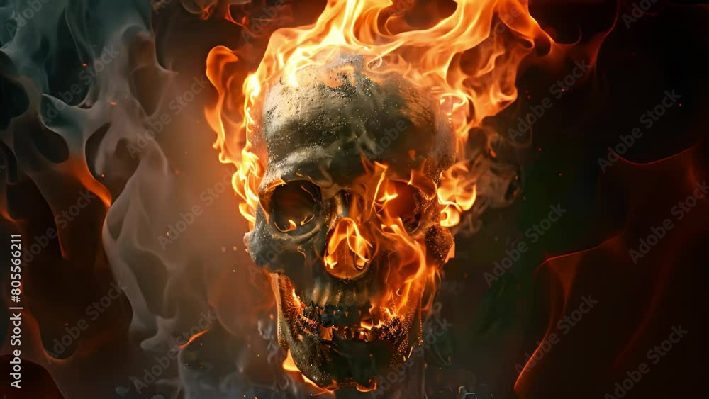 Fiery skull engulfed in intense flames on a dark background Fiery skull engulfed in intense flames on a dark background