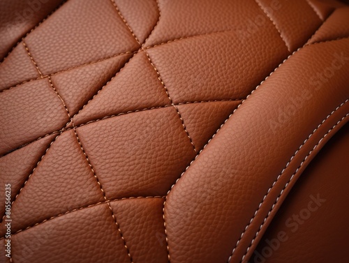 Close-up view of a dark brown leather key fob with detailed white stitching, placed on a textured leather surface. © SaroStock