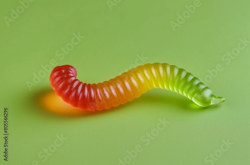 Colorful gummy worm on green background