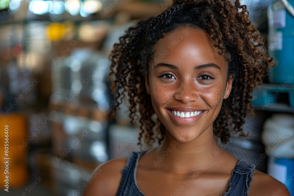 A radiant young woman smiles at the camera, her joy and positivity shining through within an industrial warehouse setting A radiant young woman smiles at the camera, her joy and positivity shining through within an industrial warehouse setting