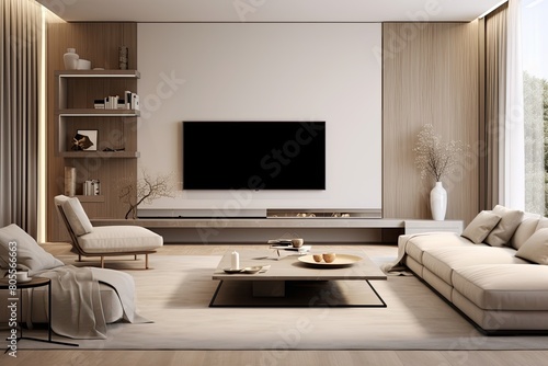 Modern living room with a large, low-profile beige sectional couch, a wooden coffee table with two small decor items, and a built-in wooden shelving unit with fireplace and decorations