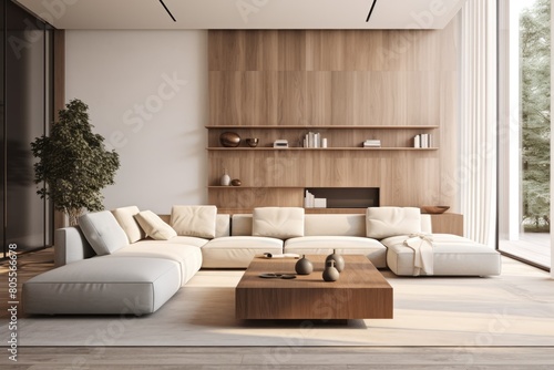 Modern living room with a large, low-profile beige sectional couch, a wooden coffee table with two small decor items, and a built-in wooden shelving unit with fireplace and decorations © SaroStock