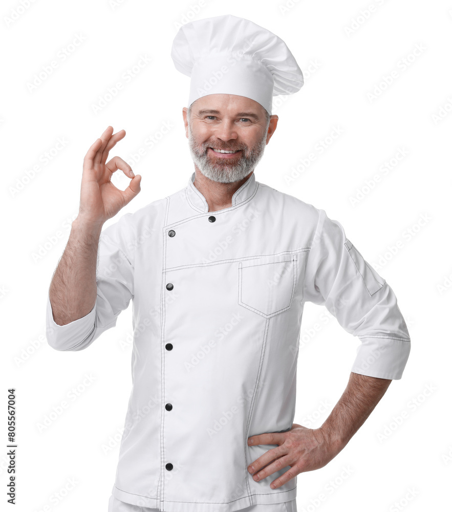 Happy chef in uniform showing OK gesture on white background Happy chef in uniform showing OK gesture on white background