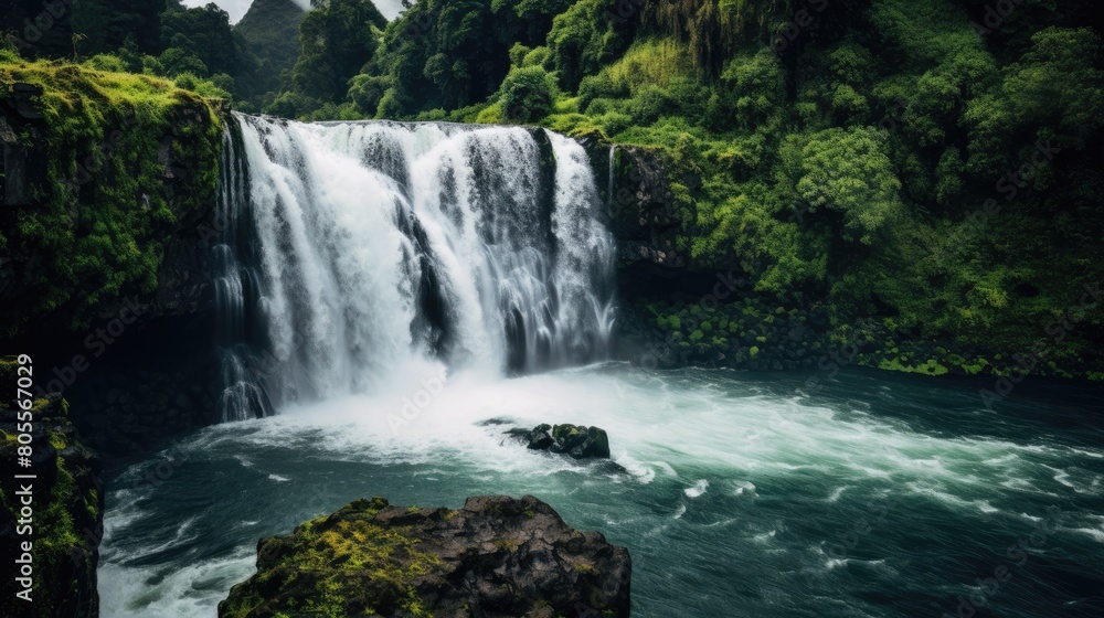 A majestic waterfall with a wide cascade, surrounded by lush green forests, mist rising from where the water crashes into the river below. A majestic waterfall with a wide cascade, surrounded by lush green forests, mist rising from where the water crashes into the river below.