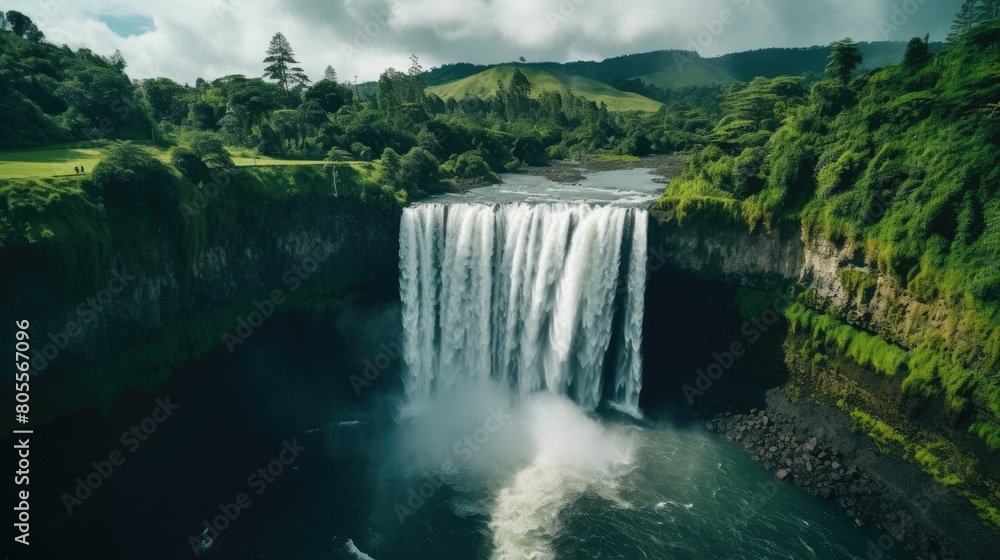 A majestic waterfall with a wide cascade, surrounded by lush green forests, mist rising from where the water crashes into the river below. A majestic waterfall with a wide cascade, surrounded by lush green forests, mist rising from where the water crashes into the river below.