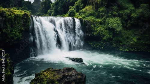 A majestic waterfall with a wide cascade  surrounded by lush green forests  mist rising from where the water crashes into the river below.