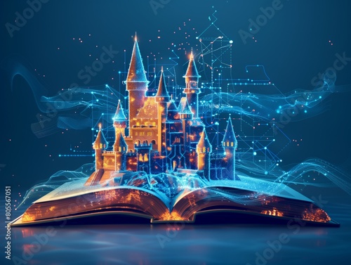 Neural lowpoly AI futuristic neon network of book open with castle