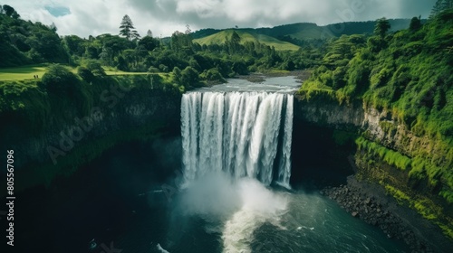 A majestic waterfall with a wide cascade  surrounded by lush green forests  mist rising from where the water crashes into the river below.