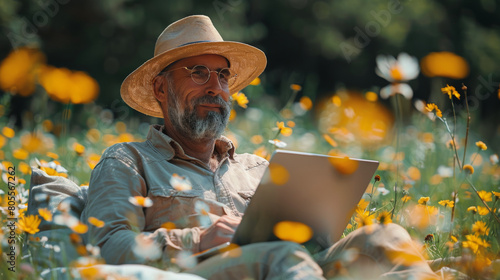 Man Sitting in Field With Laptop