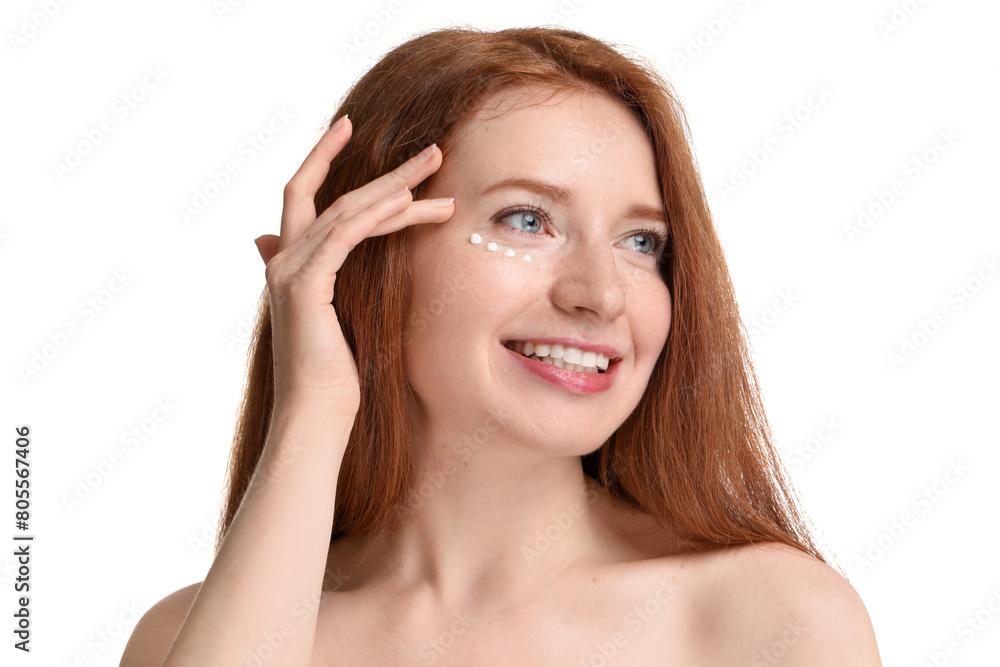 Smiling woman with freckles and cream on her face against white background Smiling woman with freckles and cream on her face against white background