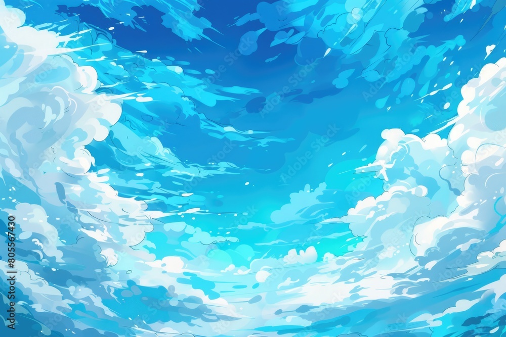 Fototapeta premium Serene painting of a blue sky with fluffy white clouds. Perfect for backgrounds or nature-themed designs