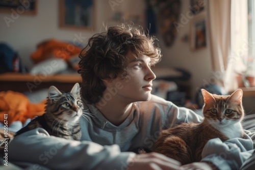 A young man is sitting in his room looking out the window with his two cats lying in his arms. Generative AI.