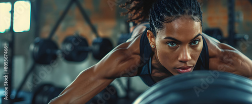 strength and agility of a female athlete Young fitness woman is exercising in gym Healthy lifestyle concept Body training with free weights Functional training pushing up from the floor.