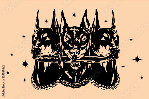 Cerberus dogs of hades handdrawn vector illustration. perfect for tattoo and lino cut or wood print