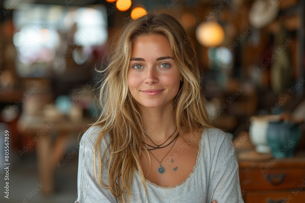 A warm and friendly young woman contemplates in a bohemian-style cafe atmosphere A warm and friendly young woman contemplates in a bohemian-style cafe atmosphere