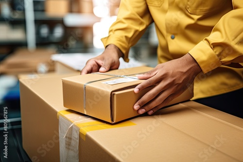 Person in a yellow shirt packing a cardboard box in a warehouse setting. © SaroStock