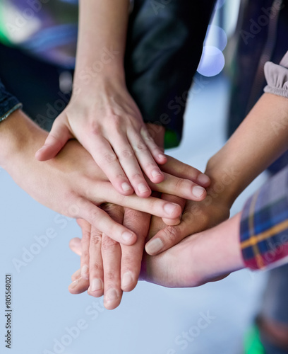Hands  teamwork and support for collaboration of group  agreement and unity for mission of company. Friends  solidarity and synergy for partnership  community and workforce of people and creative