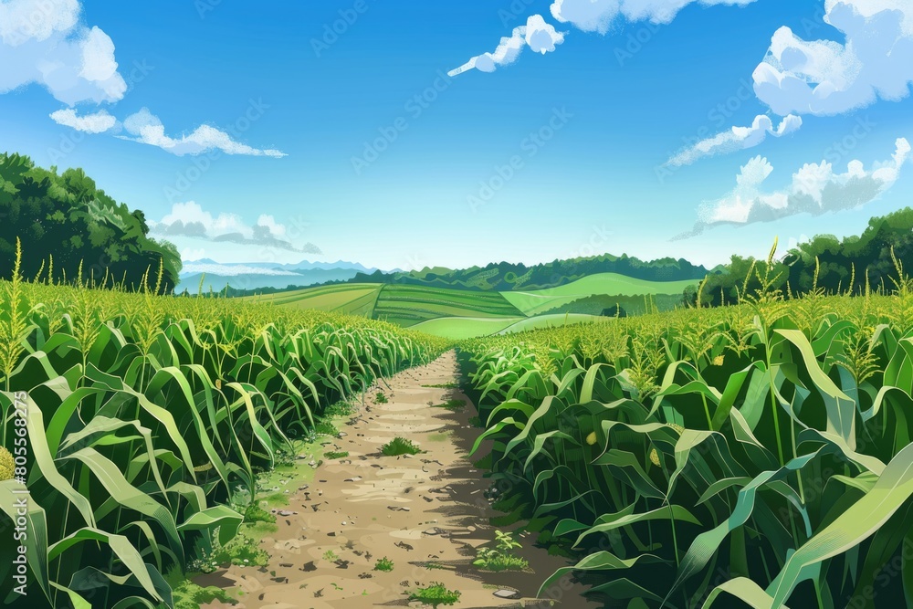 Fototapeta premium A scenic view of a corn field with a dirt road, perfect for agricultural or rural concepts