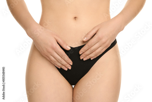 Gynecology. Woman in underwear on white background  closeup
