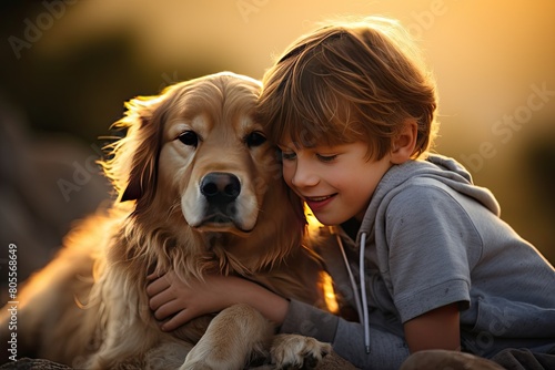 Young girl embracing a golden retriever dog in an autumn setting, both exhibiting happy expressions with blurred orange and yellow foliage in the background.