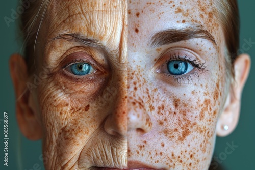 Youth and age contrasted in a half-face portrait